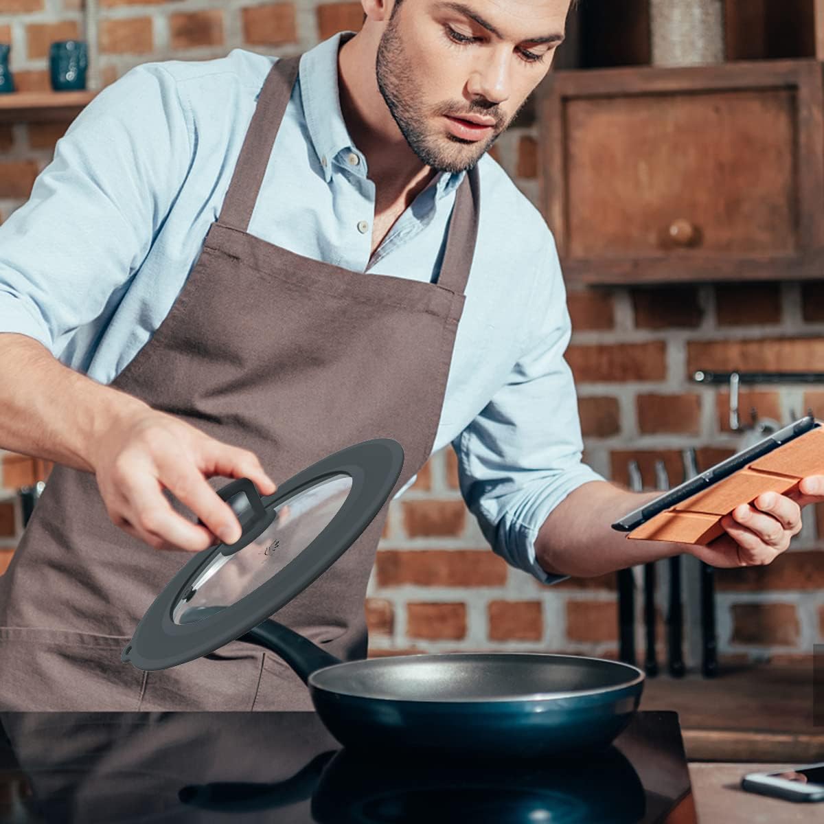 Vented Tempered Glass Universal Lid for Pot Pan Skillet with Heat Resistant Silicone Rim Microwave Splatter Lid Cover Microwave Safe Fit 11.5" 12" 12.5" Cookware, Dishwasher Safe Grey