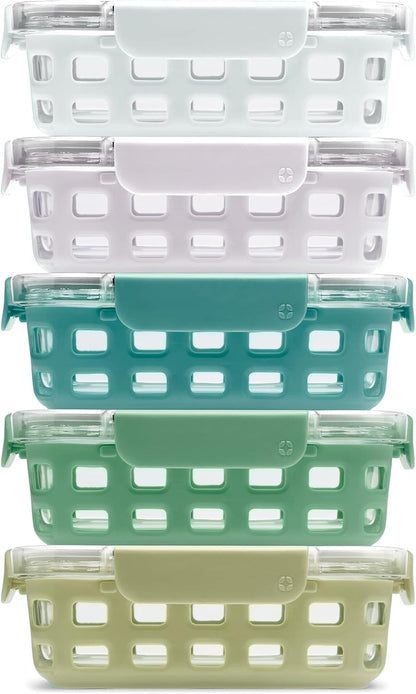 Ello Duraglass 3.4 Cup Meal Prep 10Pc,Set,Glass Food Storage Container with Silicone Sleeve and Airtight BPA-Free Plastic Lids,Dishwasher,Microwave & Freezer Safe,Evening Orchard,5 Count (Pack of 2)