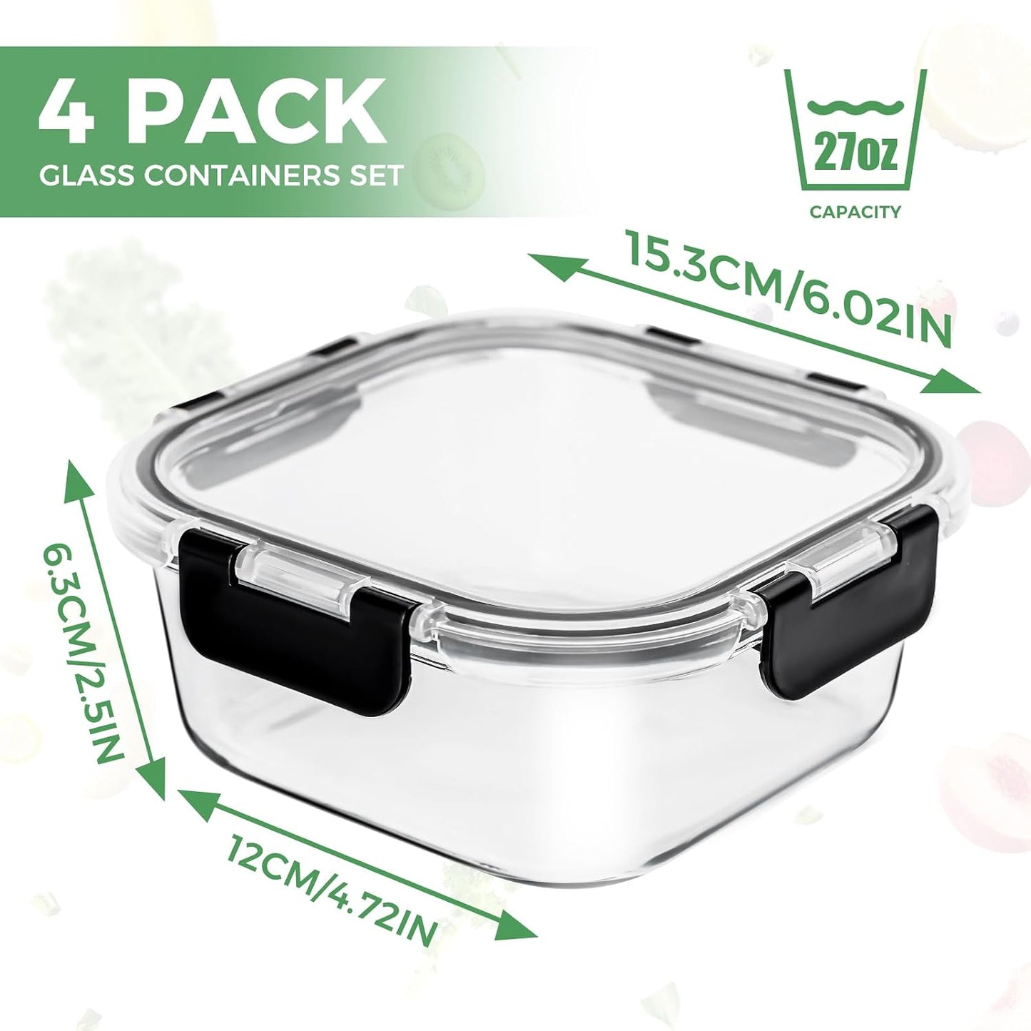 27 oz Glass Food Storage Containers with lids, 4 Pack Square Sandwich Containers/Box for Meal Prep, 3.3 Cup Glass Meal Prep Containers, Microwave, Oven, Freezer and Dishwasher, BPA-free