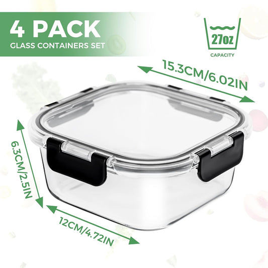 27 oz Glass Food Storage Containers with lids, 4 Pack Square Sandwich Containers/Box for Meal Prep, 3.3 Cup Glass Meal Prep Containers, Microwave, Oven, Freezer and Dishwasher, BPA-free