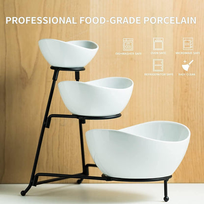 YHOSSEUN 3 Tier Serving Stand Oval Serving Bowl with Metal Rack, Tied Serving Bowls Food Display Dessert Appetizer, Chip and Dip Serving Bowl Set for Parties, Gold-45oz / 17.5oz / 7oz