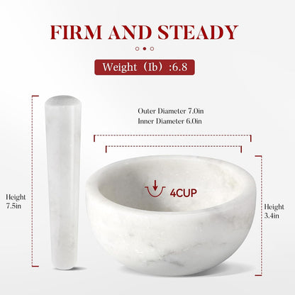 Koville Luxury Marble Mortar and Pestle Set, 7"-4cups Grinder Bowl for Guacamole, Salsa, Pill Crusher, Spice, Herb, Garlic, Nut, Heavy Duty Grinder for Kitchen