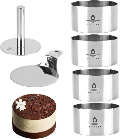 8 Pcs Cake Ring Molds, Seamless Stainless Steel Cake Cutter For Baking, 3 inch Cooking Rings with Pusher & Lifter, Dessert Mousse Molds Baking Tools, Includes 1 Pusher, 1 Lifter and 6 Rings