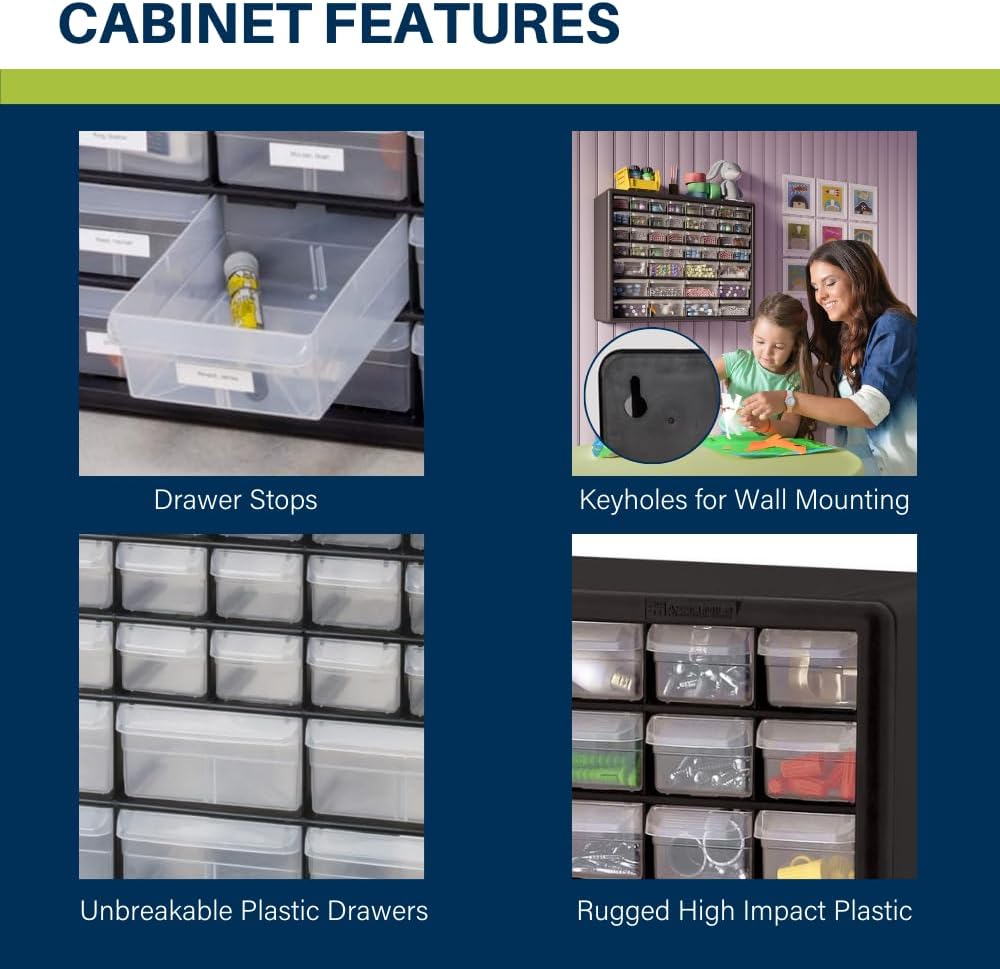Akro-Mils 44-Drawer Plastic Drawer Storage Cabinet for Garage Organization, Bead Organizer, Building Bricks Storage, Teacher Toolbox, Makeup Organizer, 20" W x 6" D x 16" H, 10144 Black