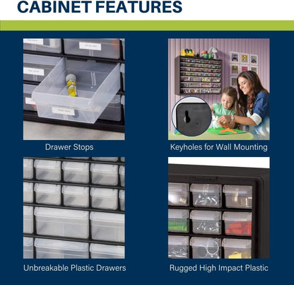 Akro-Mils 44-Drawer Plastic Drawer Storage Cabinet for Garage Organization, Bead Organizer, Building Bricks Storage, Teacher Toolbox, Makeup Organizer, 20" W x 6" D x 16" H, 10144 Black