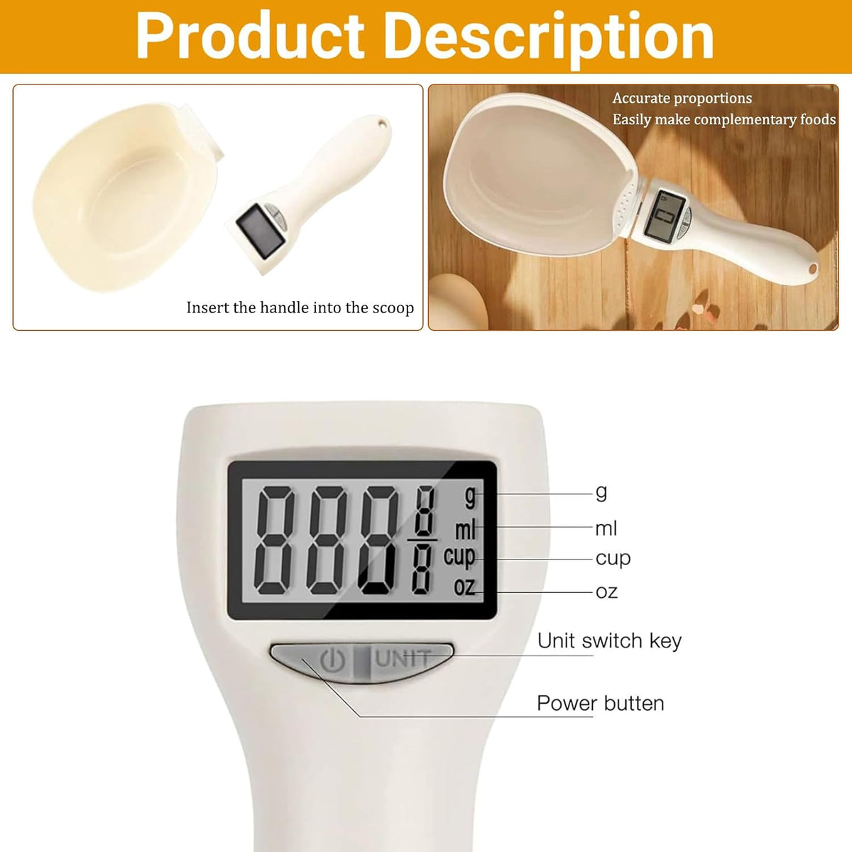 Food Measuring Scoop Scale, Digital Measuring Spoon, Weighing Spoon Scale 800g / 0.1g High Precision with LCD Screen, Display Electronic Measuring Spoon for Kitchen Gadgets and Daily Meals