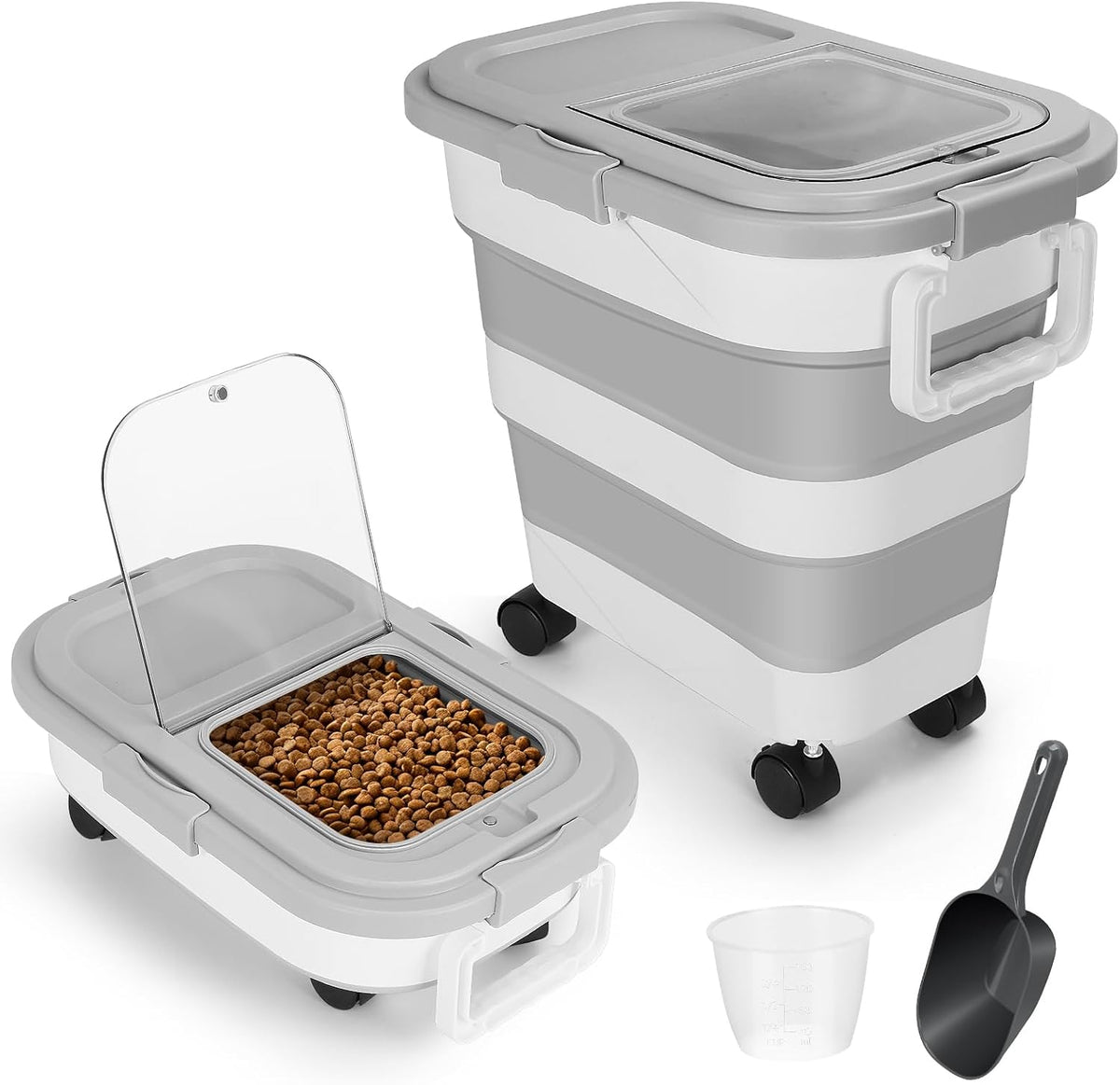 Dog Food Storage Container with Rolling Wheel and Airtight Lid, Black, 30LB | Foldable Food Storage Bins with Snap-Lid Seal to Keep Kibble, Pellets or Seeds Fresh for Dogs, Cats and Birds