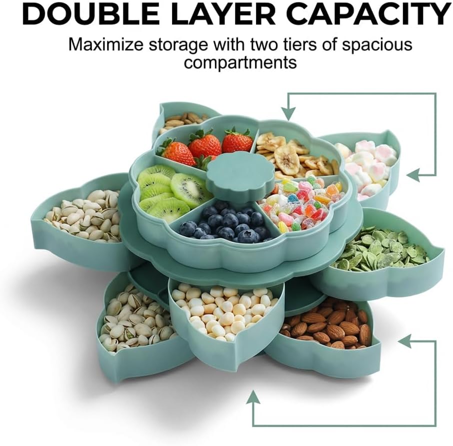 Divided Serving Tray that Spins, Rotating Snack Box Container with Lid for Snacks, Cake, Fruit, Veggie, Dips & Party Appetizers, Lazy Susan Snackle Box Container (Double Layer)