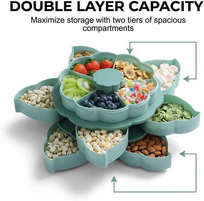 Divided Serving Tray that Spins, Rotating Snack Box Container with Lid for Snacks, Cake, Fruit, Veggie, Dips & Party Appetizers, Lazy Susan Snackle Box Container (Double Layer)