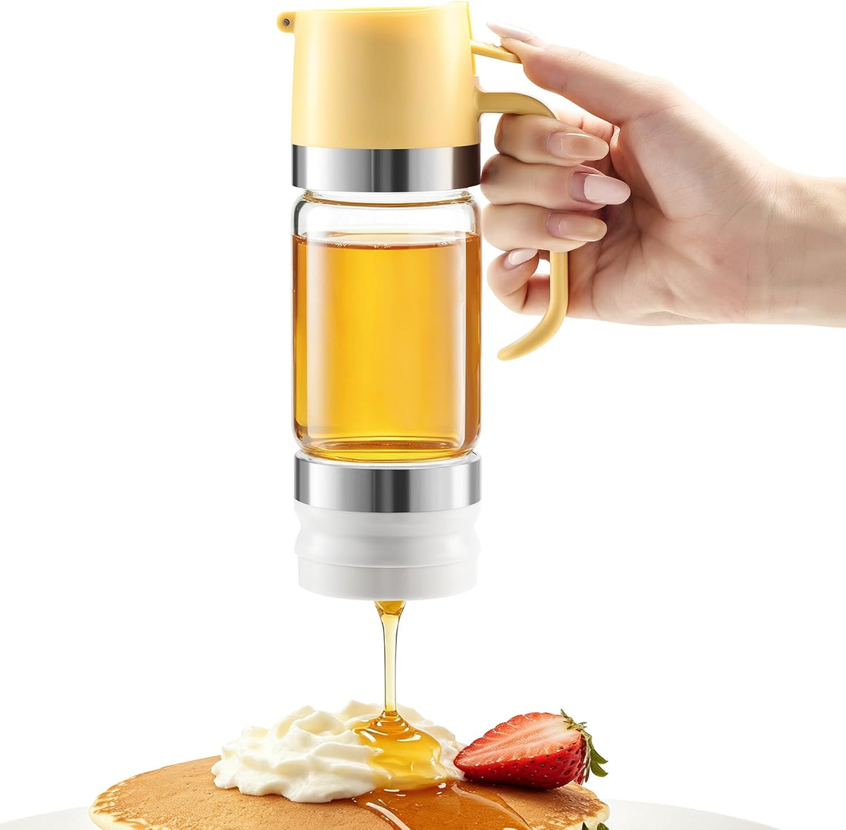 Glass Honey Dispenser Push-Button with Handle (Yellow), No Drip Glass Jar, Leak-Proof Bottom: One-Handed Press to Serve Honey or Syrup onto Coffee, Tea, Pancakes & Desserts (Yellow, 9, ounces)