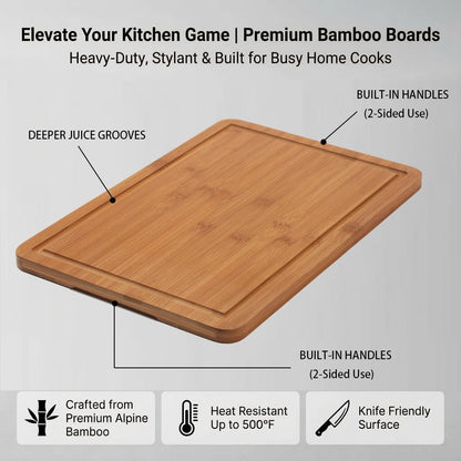 3-Piece Deep Carbonized Bamboo Cutting Board Set with Vertical Drying Stand | Wooden Chopping Boards for Kitchen | Extra Deep Juice Grooves & Easy-Carry Side Handles | Gift-Ready