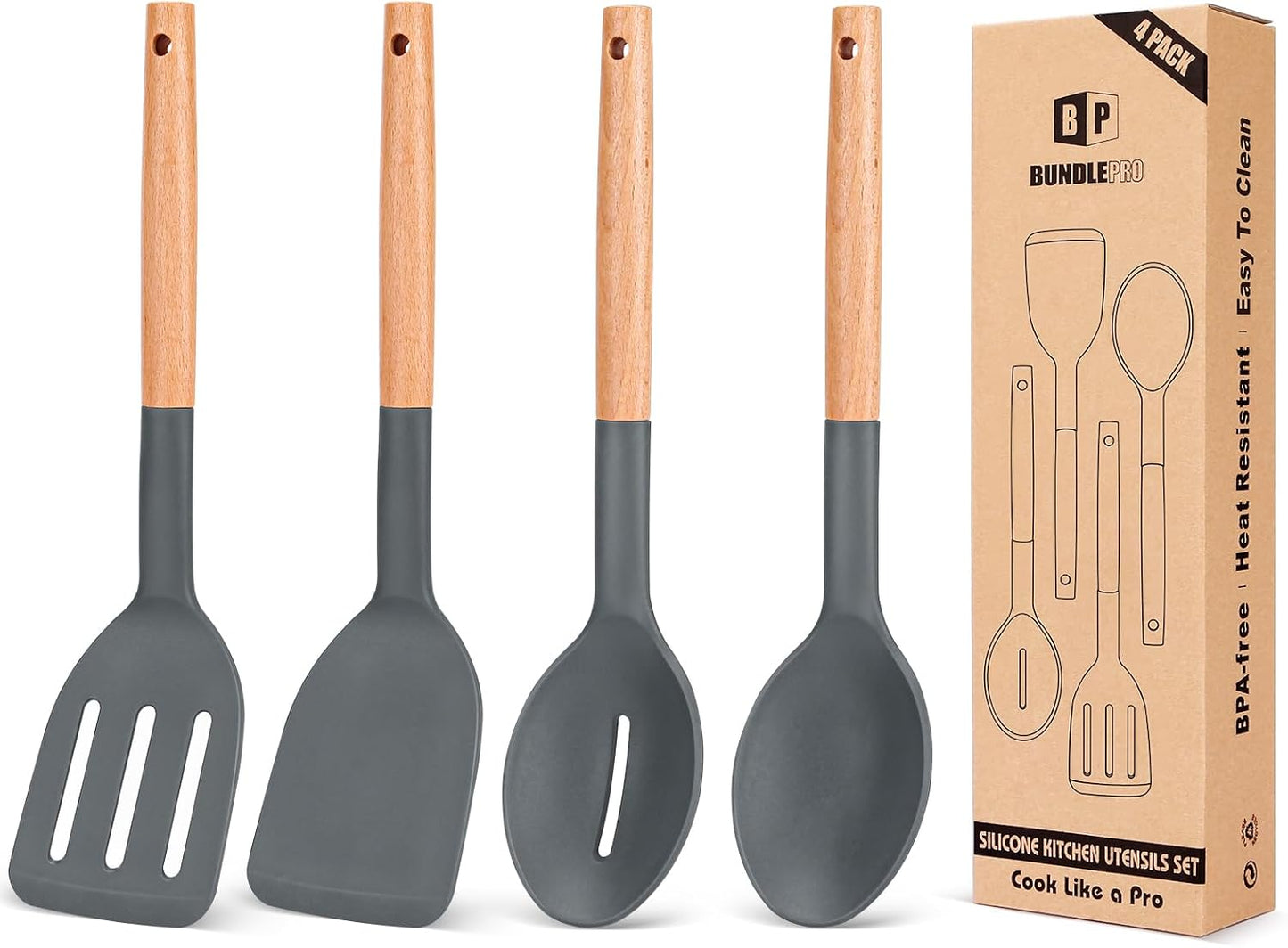 Pack of 4 Silicone Cooking Utensils Set, Non Stick Solid Spatulas and Heat Resistant Slotted Spoons with Wooden Handle, Ideal Wood Kitchen Utensils Set for Frying,Serving,Turning,Stirring (KHAKI)