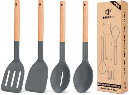 Pack of 4 Silicone Cooking Utensils Set, Non Stick Solid Spatulas and Heat Resistant Slotted Spoons with Wooden Handle, Ideal Wood Kitchen Utensils Set for Frying,Serving,Turning,Stirring (KHAKI)