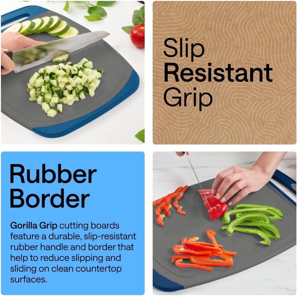 GORILLA GRIP BPA-Free Reversible Kitchen Cutting Board Set of 3, US Designed, Nonporous, Juice Grooves Catch Liquid, Slip Resistant Border, Dishwasher Safe, Durable Large Food Chopping Boards, Black