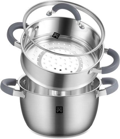 GOLDEN KEY 3.2 QT Steamer Pot With Lid - 2-Tier 18/8 Stainless Steel，Multipurpose Steaming Cookware with Vegetable Steam Basket, Oven & Dishwasher Safe, Triple Bottom for Even Heating, Perfect for Dumplings, Seafood and Vegetables