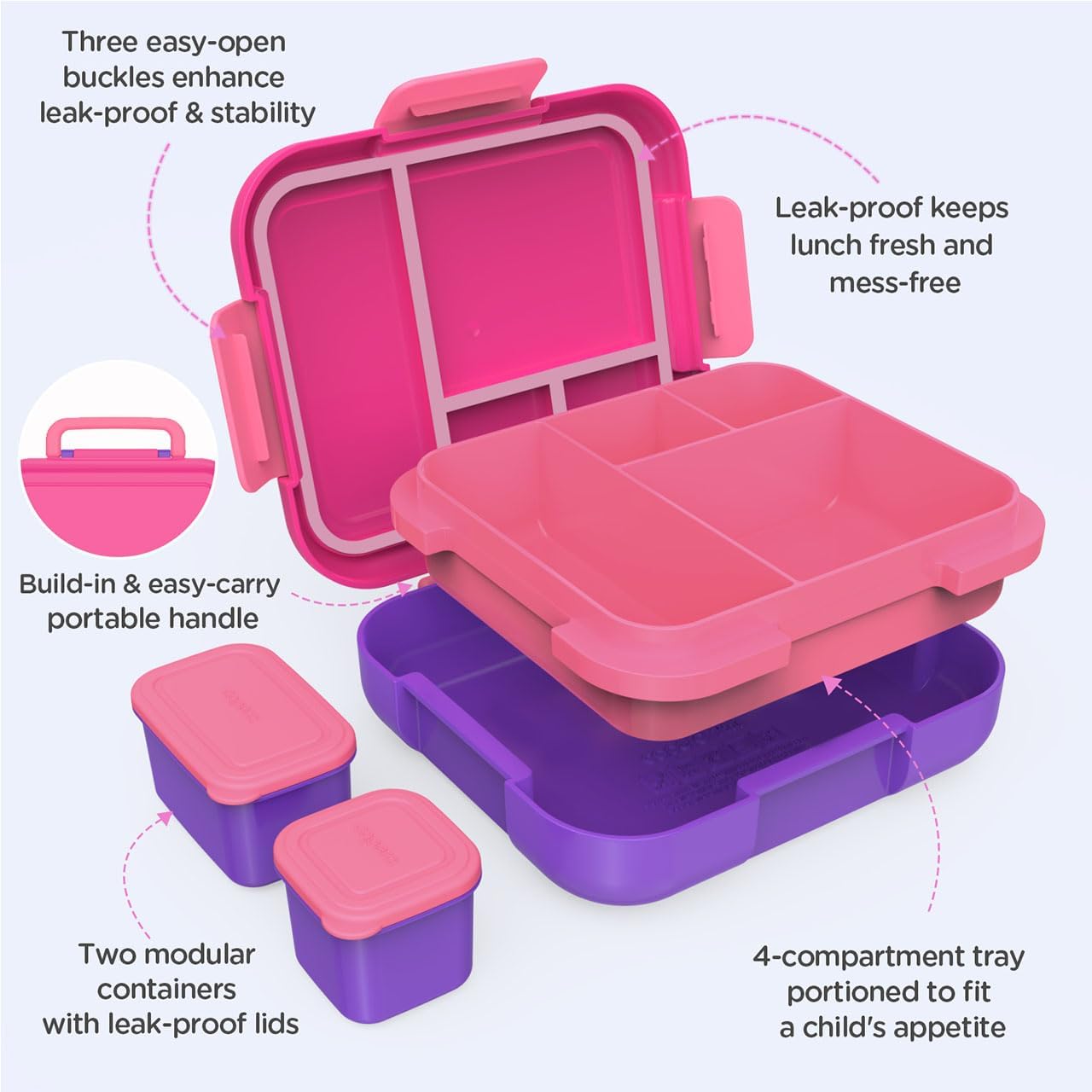 Caperci Bento Box for Kids - Large 4.8 Cups Lunch Box with Two Modular Containers - 4 Compartments, Leak-Proof, Portable Handle, Microwave/Dishwasher Safe, BPA-Free (Jungle Green/Blue)