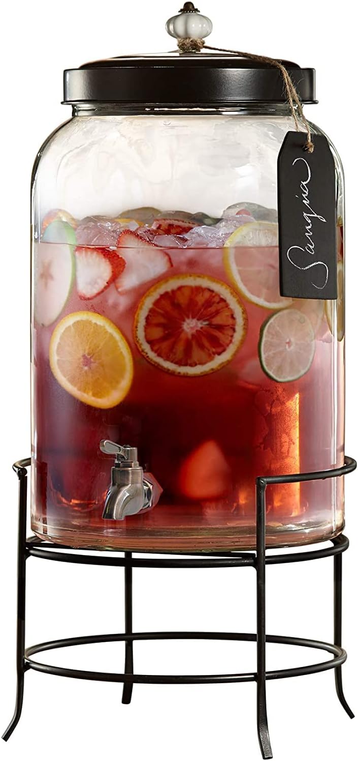 Style Setter Franklin 210235-GB 3 Gallon Glass Beverage Drink Dispensers with Metal Stand & Lid, Tag and Ceramic Knob, Clear, 20x11"