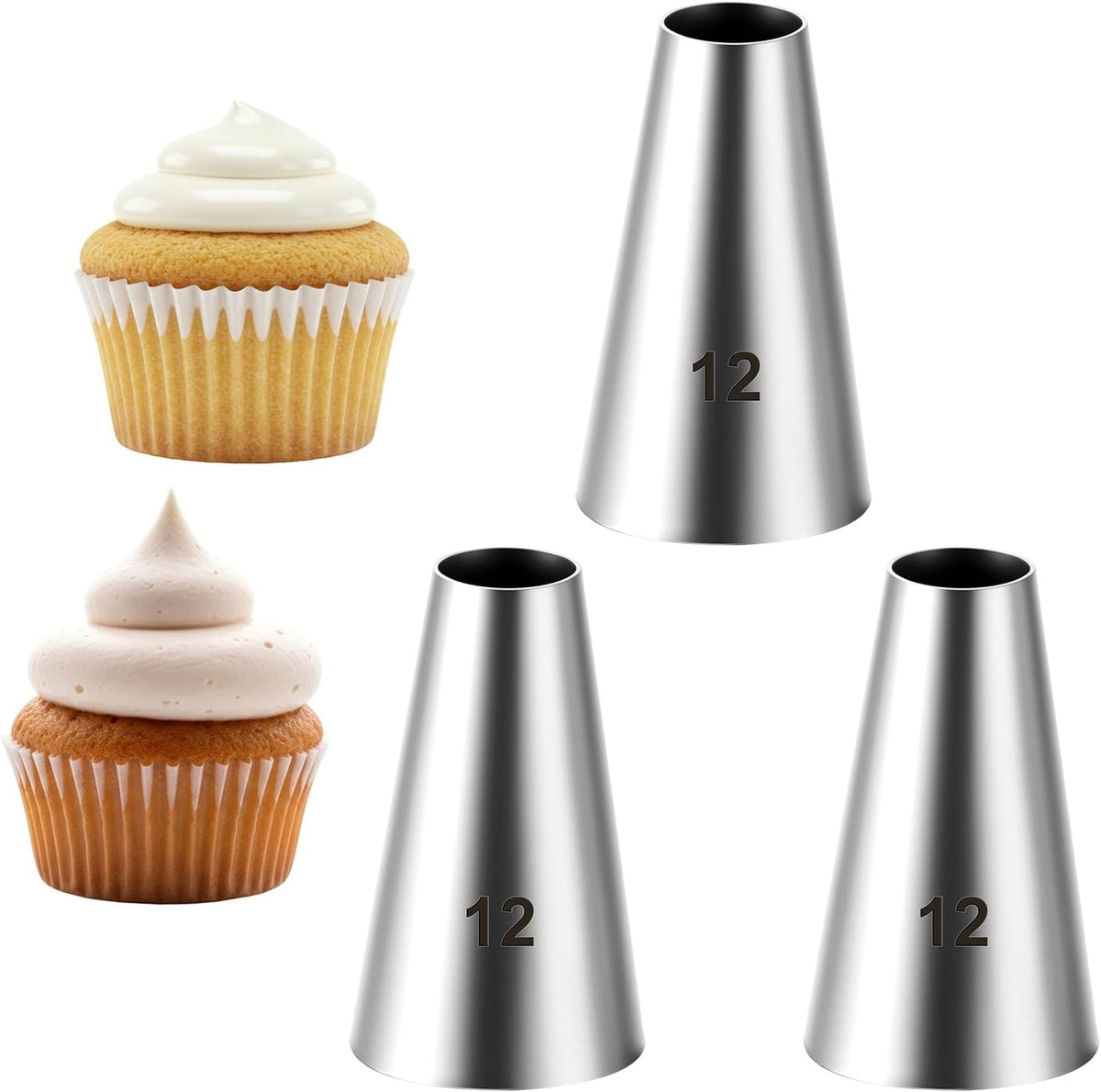 3 Pcs #12 Round Piping Tip for Macarons, Stainless Steel Round Frosting Piping Tips with 8mm Opening, Professional Cookie Decorating Pastry Tips Set for Frosting & Cake Decorating (Silver)
