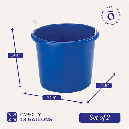 HOMZ 2-Pack Utility Tub, Large Plastic Storage Bucket with Rope Handles, 17 Gallon, Black - Portable Indoor and Outdoor Buckets for Kitchen, Laundry, Garden, Bathroom, and Garage Organization