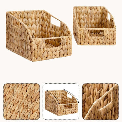 Set of 2 Handwoven Water Hyacinth Storage Baskets, Open Front Wicker Organizer Bins with Handles for Kitchen Pantry Closet Shelf, Natural Rattan Baskets for Home Organization