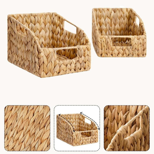 Set of 2 Handwoven Water Hyacinth Storage Baskets, Open Front Wicker Organizer Bins with Handles for Kitchen Pantry Closet Shelf, Natural Rattan Baskets for Home Organization