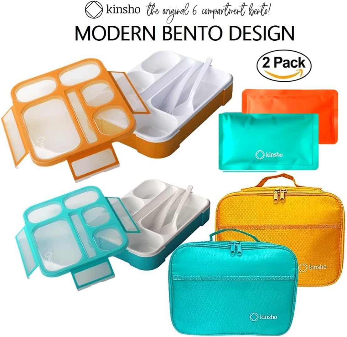 kinsho Lunch Box for Kids Boys Girls - Bento Box Set with Insulated Bag and Ice Pack, 6 Compartment Leak Proof Food Container, BPA-Free, Microwave Safe, Ideal for School & Work, Teal