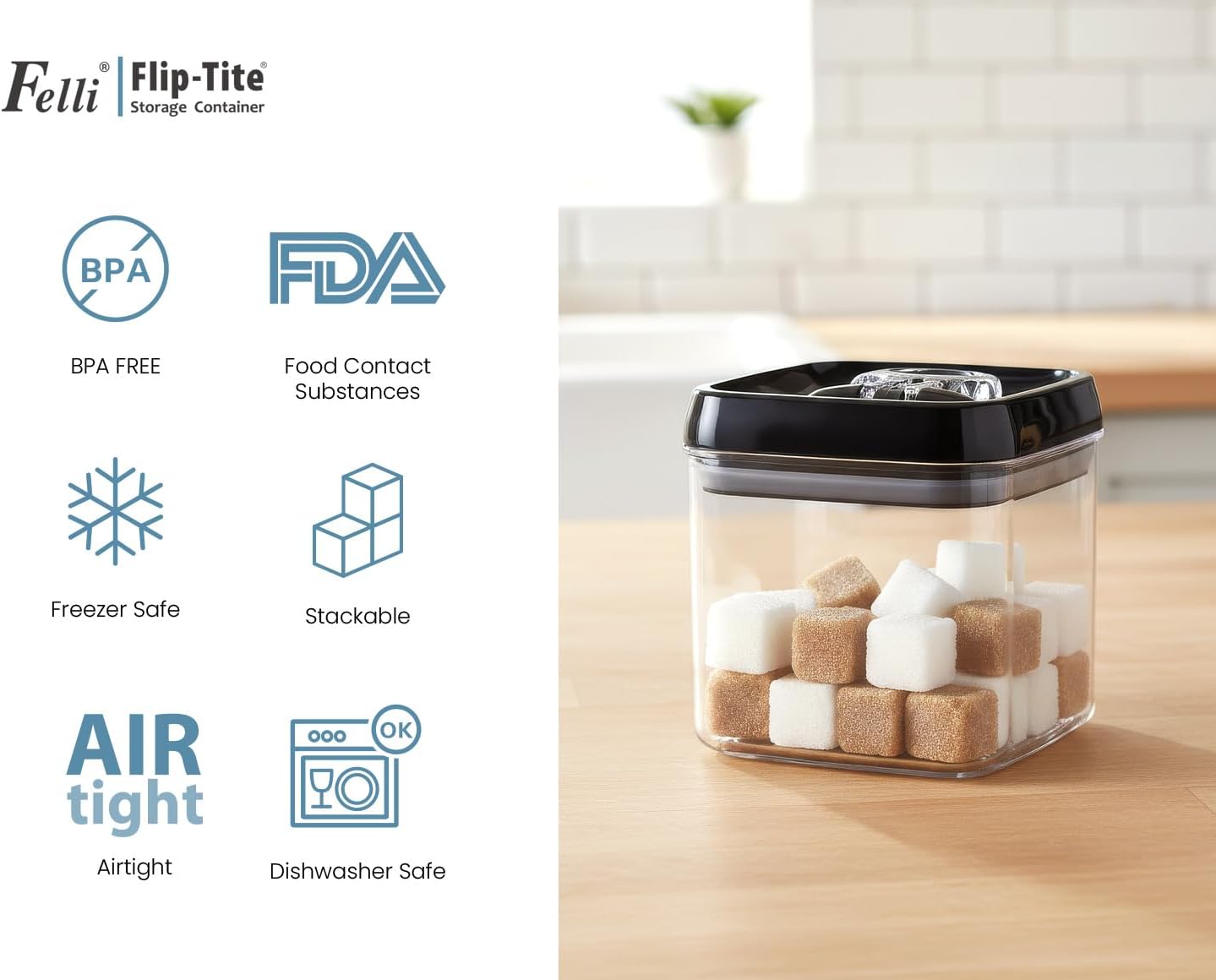 Felli Flip Tite Storage Container with Lid 4” RECTANGULAR Airtight Ring Flip Top, Stackable Kitchen Counter Pantry Organizer Acrylic Canister Jar for Pasta Spaghetti Cereal Granola Coffee (1.9qt)