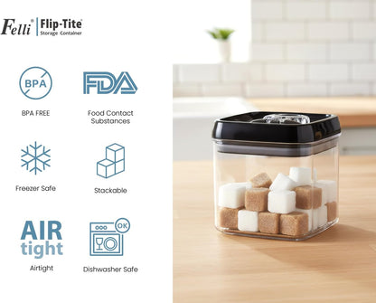 Felli Flip Tite Storage Container with Lid 4” RECTANGULAR Airtight Ring Flip Top, Stackable Kitchen Counter Pantry Organizer Acrylic Canister Jar for Pasta Spaghetti Cereal Granola Coffee (1.9qt)