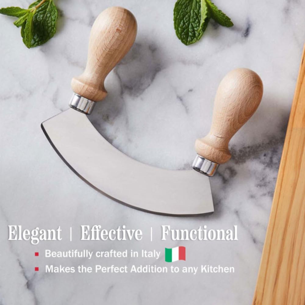 5.6” Stainless Steel Mezzaluna Knife - Salad Chopper, Pizza Cutter Rocker Blade, or Slicer Vegetable Cutter - Curved Mincing and Chopping Knife with Double Handles by Classic Cuisine