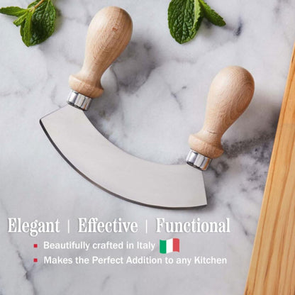5.6” Stainless Steel Mezzaluna Knife - Salad Chopper, Pizza Cutter Rocker Blade, or Slicer Vegetable Cutter - Curved Mincing and Chopping Knife with Double Handles by Classic Cuisine