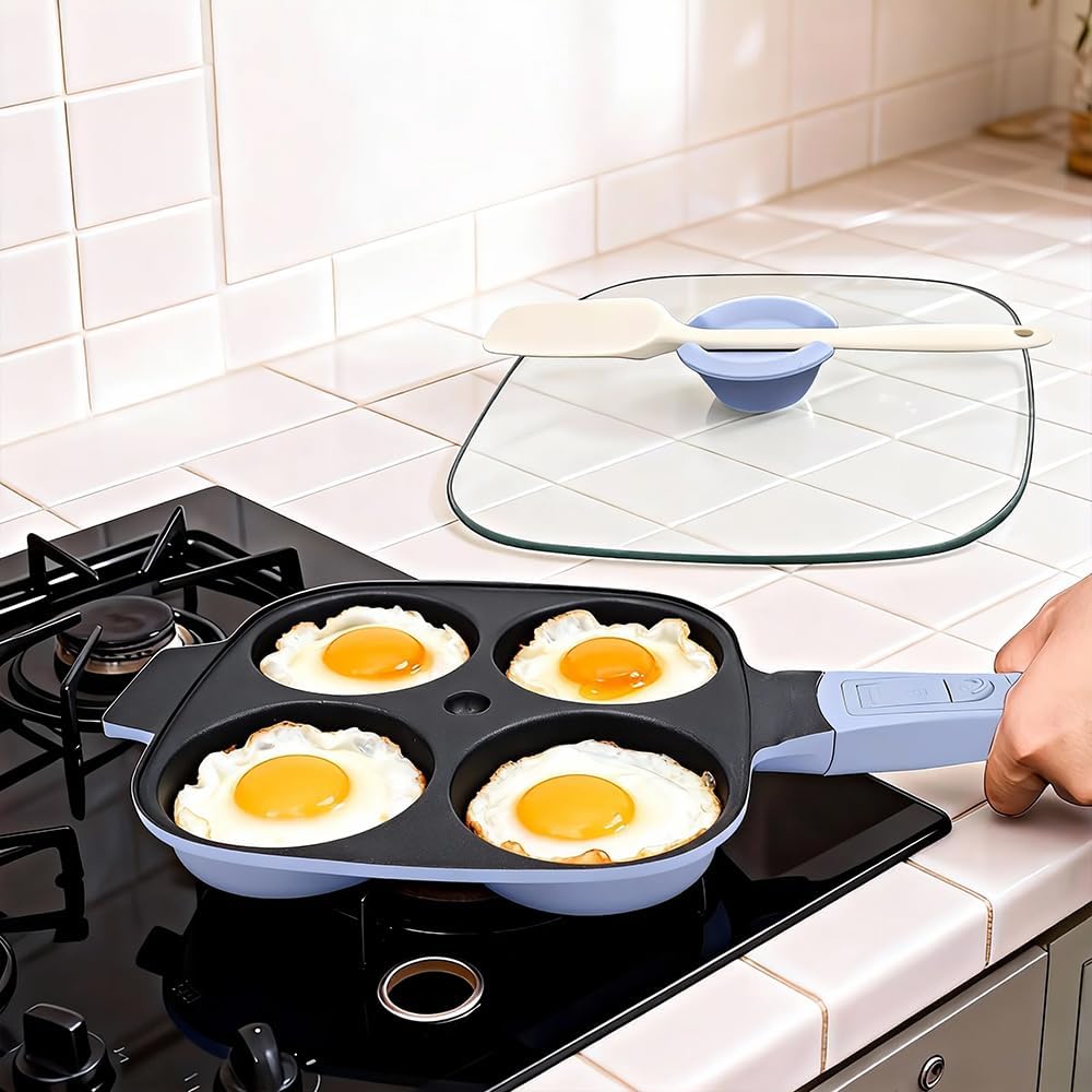 RANX INGST 4-Cup Egg Pan with Lid, Nonstick Omelette Skillet - Red