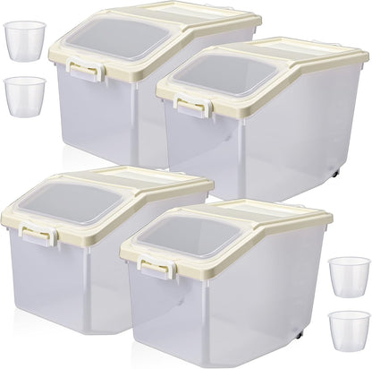 Sunnyray 4 Pcs Rice Storage Container Bulk 27.6 lb Airtight Flour Container with Wheels and Lids Measuring Cup Clear Pet Food Dog Birds Cat Food Bin Grain Cereal Organizer Box(Cream)
