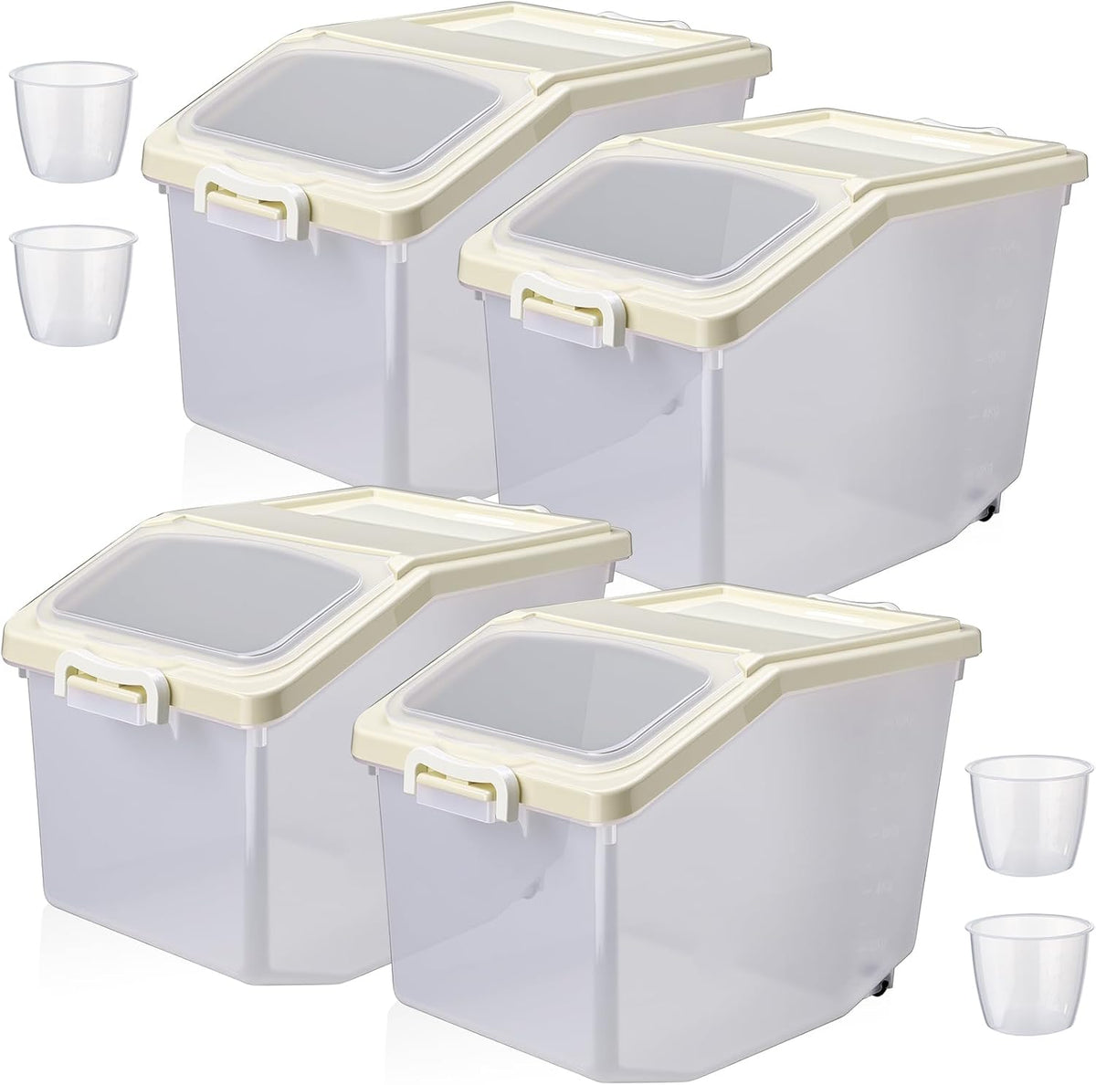 Sunnyray 4 Pcs Rice Storage Container Bulk 27.6 lb Airtight Flour Container with Wheels and Lids Measuring Cup Clear Pet Food Dog Birds Cat Food Bin Grain Cereal Organizer Box(Cream)