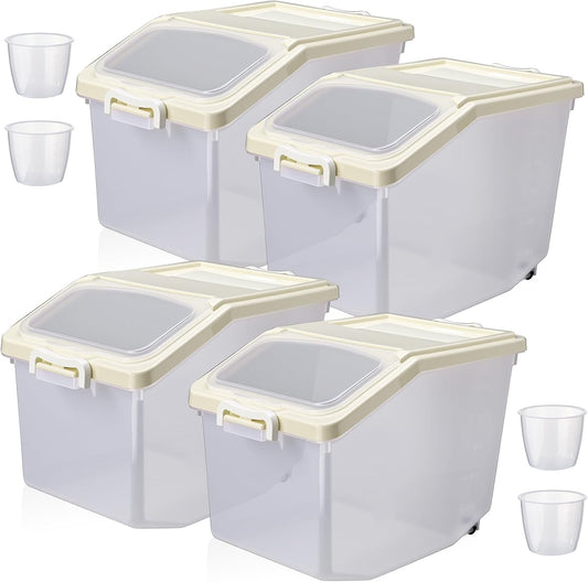 Sunnyray 4 Pcs Rice Storage Container Bulk 27.6 lb Airtight Flour Container with Wheels and Lids Measuring Cup Clear Pet Food Dog Birds Cat Food Bin Grain Cereal Organizer Box(Cream)