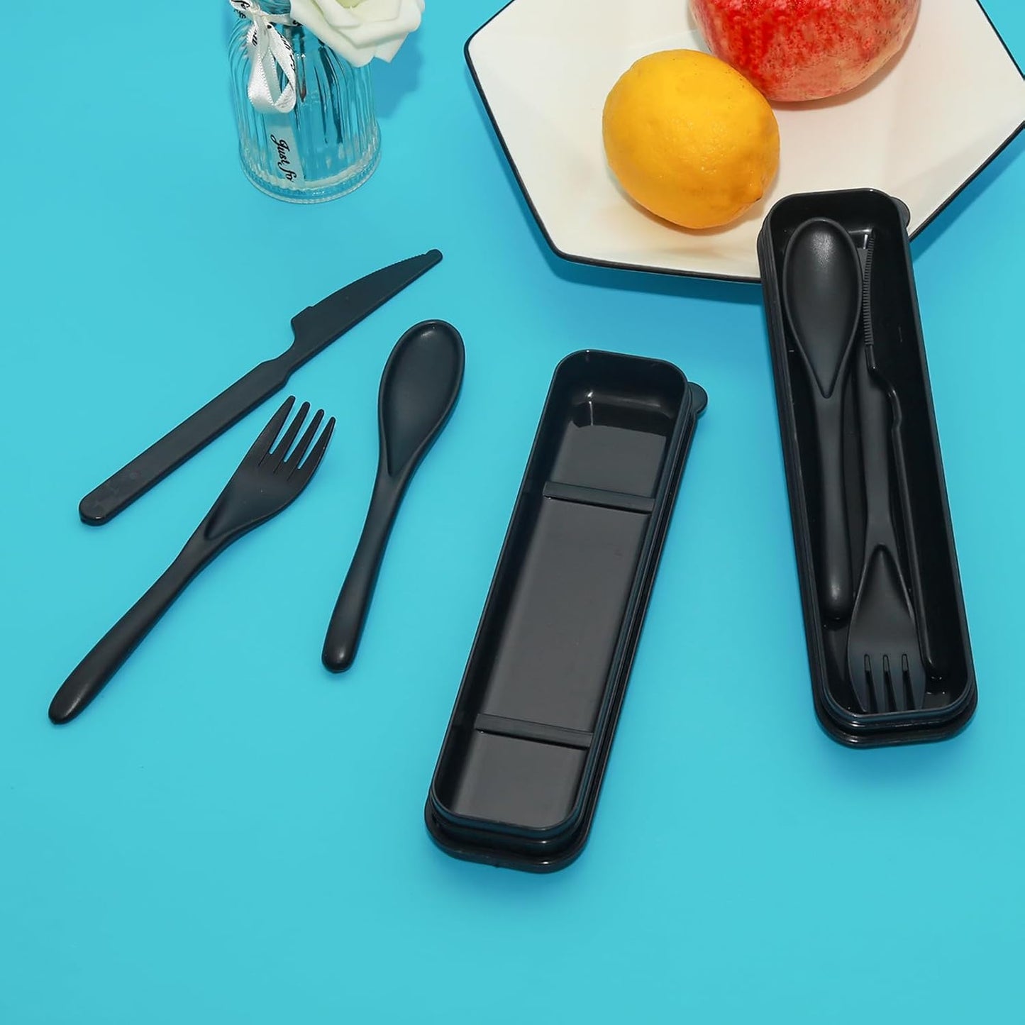 Lilaly 2 Sets Reusable Utensils, Utensil Sets for Lunch Box, Travel Utensil Set, Portable Silverware Set with Case, Reusable Utensils for Lunch Box(Black)