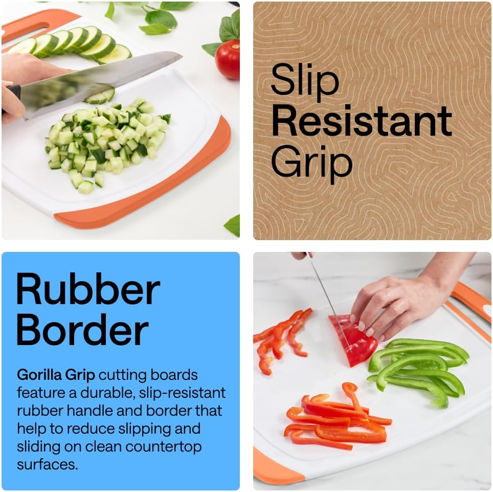 GORILLA GRIP BPA-Free Reversible Kitchen Cutting Board Set of 3, US Designed, Nonporous, Juice Grooves Catch Liquid, Slip Resistant Border, Dishwasher Safe, Durable Large Food Chopping Boards, Black