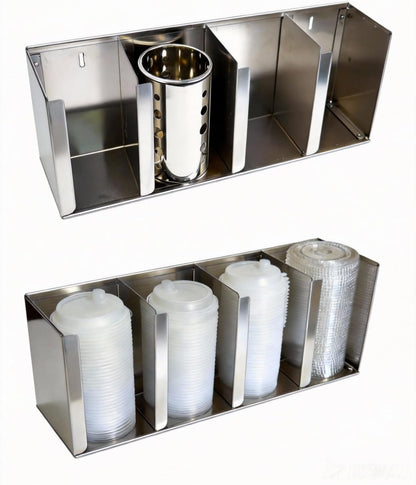 Stainless Steel Cup Dispenser,3 Compartments Cup Holder and Lid Holder with Adjustable Dividers,Cup Organizer for Kitchen Cabinets Cafe Shop Restaurant,Includes Straw Holder