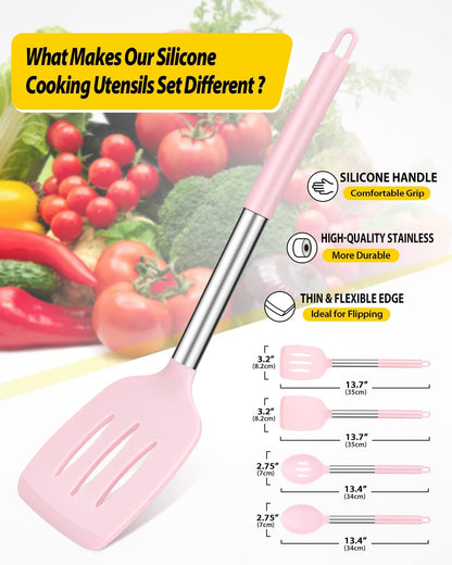 Pack of 4 Silicone Cooking Utensils Set, Non Stick Large Solid Spatulas, Heat Resistant Black Slotted Spoons, Ideal BPA Free Kitchen Turners for Frying, Mixing,Serving,Draining,Turning,Stirring