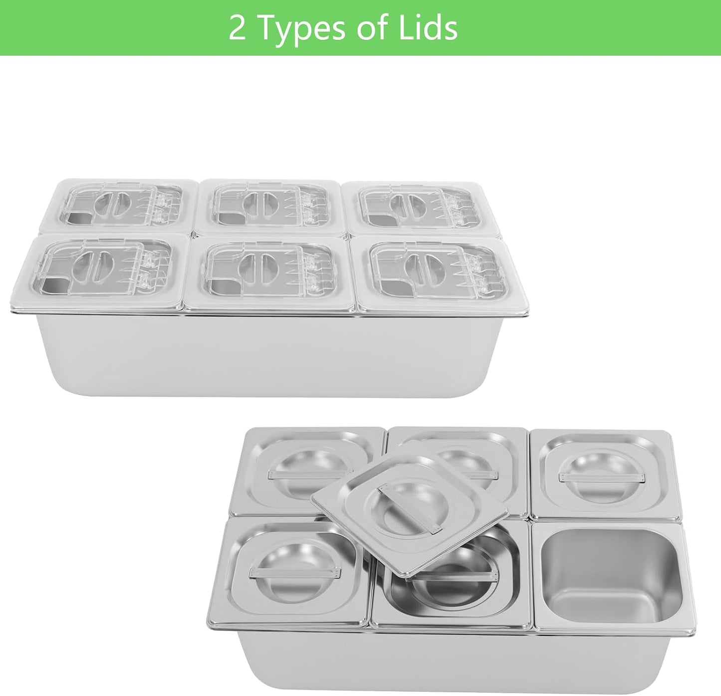 3/4/6 Compartment Stainless Steel Fruit Serving Set with Removable Acrylic Lids, Drainage Mats - Commercial Food Storage Containers for Buffet, Restaurant (3-Pan)