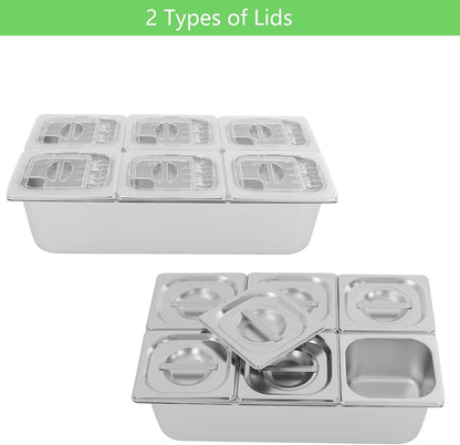 3/4/6 Compartment Stainless Steel Fruit Serving Set with Removable Acrylic Lids, Drainage Mats - Commercial Food Storage Containers for Buffet, Restaurant (3-Pan)