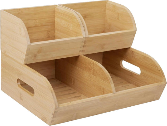 Potato and Onion Storage Bin for Pantry and Kitchen Counter - Ventilated Stackable Bamboo Organizer Baskets with Handles