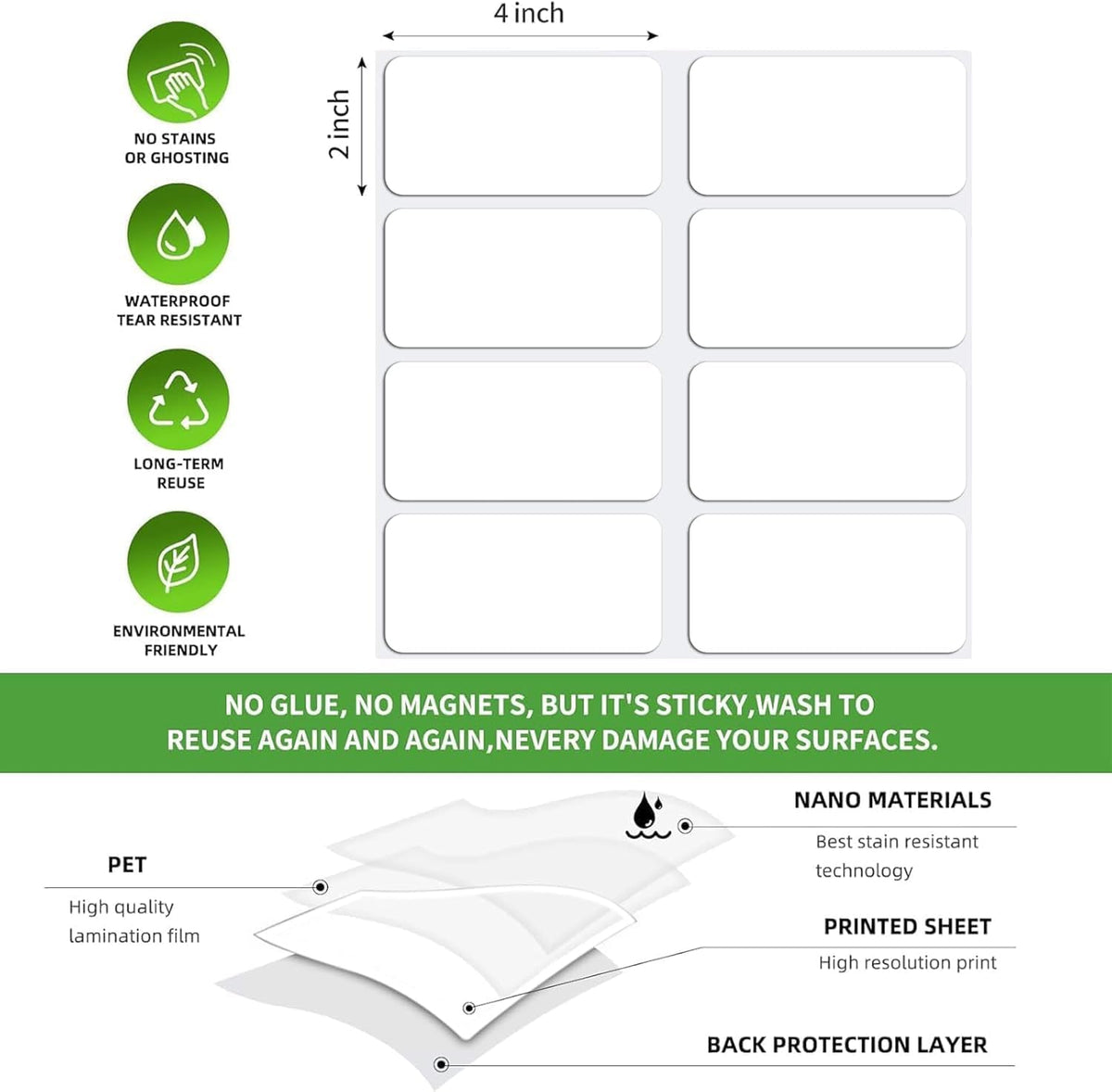 SVNOOC Multi-Use Removable Dry Erase Labels Stickers, White, Reusable Sticky Notes for Kitchen Office School All Purpose Use(1.25 * 3.5 inches White)