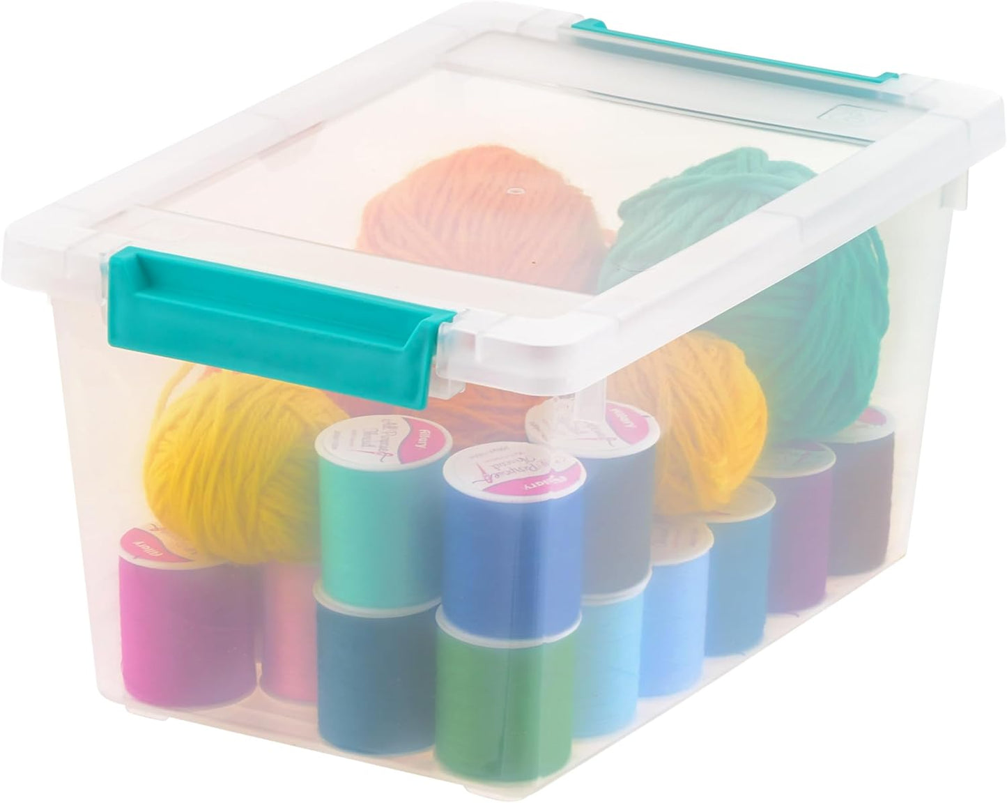 IRIS USA 12 Qt. Craft Storage Bins with Lids, 4-Pack, |Made in USA|, Clip Box, Medium Plastic Sensory Bin Tote Organizer Containers for Art Supplies, Paper, & Office, Stackable - Clear/Seafoam Blue