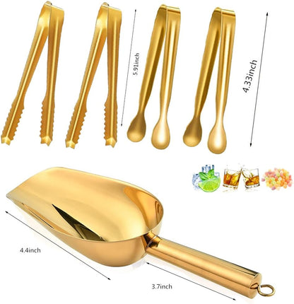 Stainless Steel Ice Scoop and Ice Tongs,Food Scoop Metal Ice Scooper&Buffet Clip for Home Bar Buffet Wedding Canisters, Easy Clean & Durable (gold)