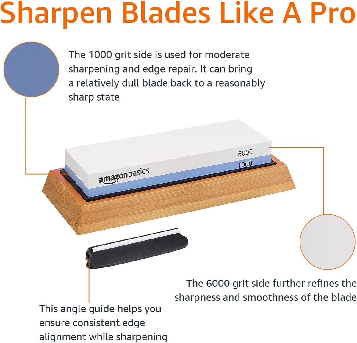 Amazon Basics Whetstone Knife Sharpening Stone, Double-Sided 1000/6000 Grit with Angle Guide, Non-Slip Bamboo Base, Black & Grey