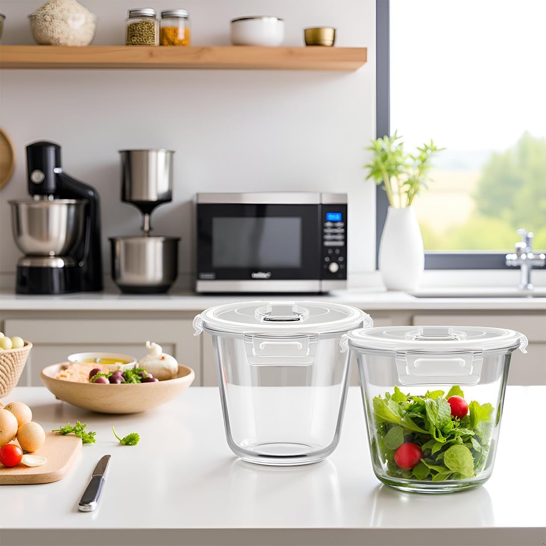H.JSS WDJS 3Cup Round Glass Food Storage Containers with Airtight lids, 23oz Glass Meal Prep Containers, Heat-Resistant BPA-Free for Soup Leftover, Microwave, Dishwasher and Fridge Safe (white-4Pack)