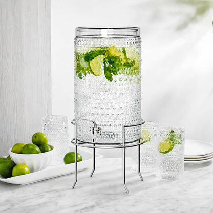 2 Gallon Glass Drink Dispenser, hobnail Drink Dispensers for Parties, Beverage Dispenser with Stand and Glass Lid, 100% Leakproof Spigot, Ideal for Lemonade, Juice, Laundry Detergent Dispenser