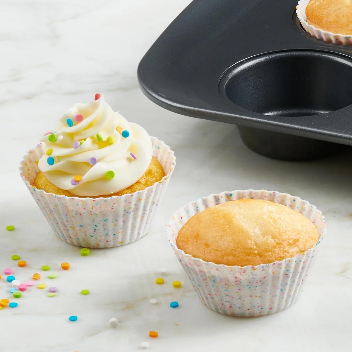 Reusable Silicone 12 Count Standard Muffin, Cupcake, or Snack Baking Cups Muffin Liners, Multi-Color Confetti, Dishwasher Safe