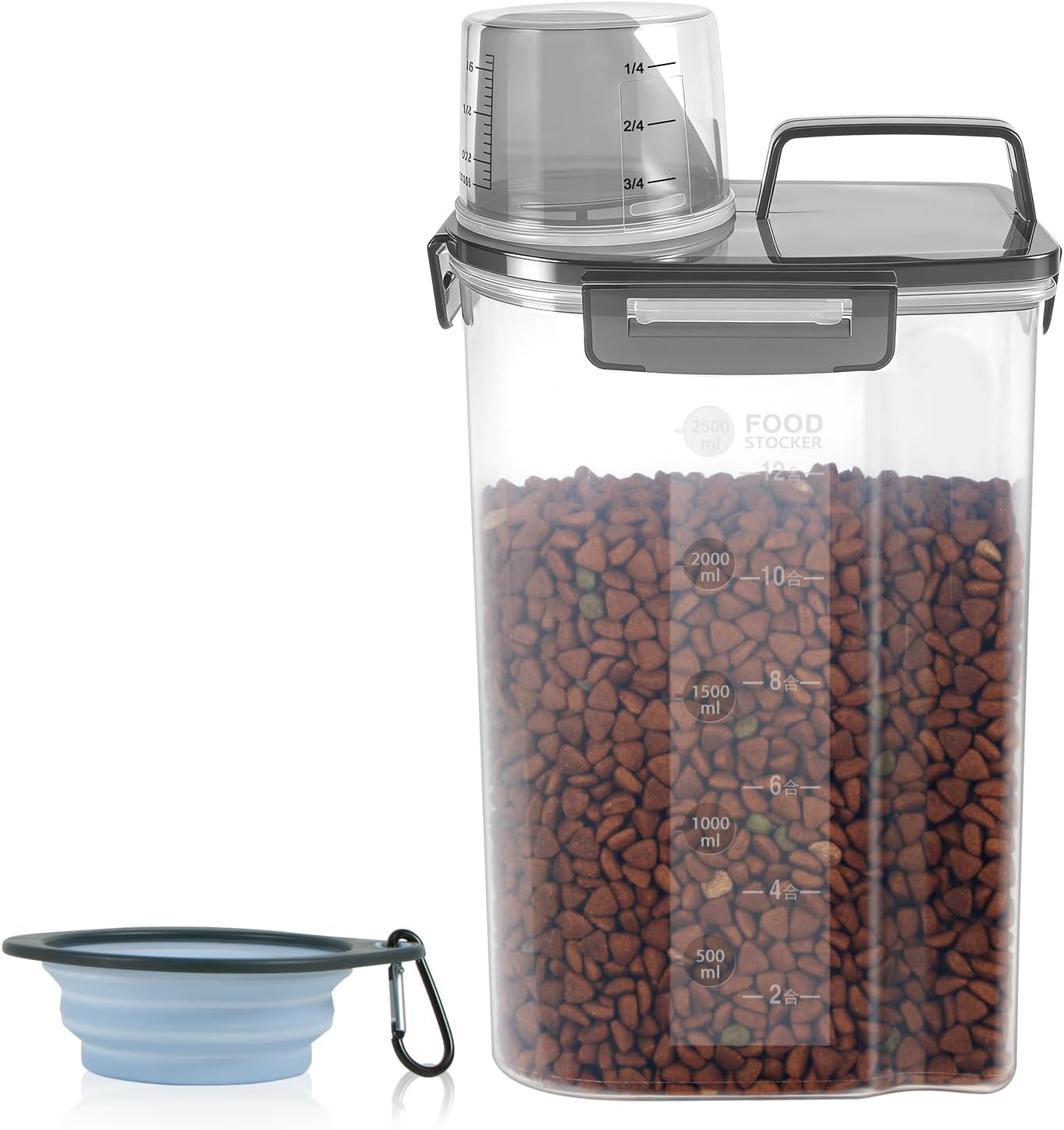LEAWALK 3-5Lbs Airtight Small Cat Dog Pet Food Storage Containers BPA Free, with Large Pour Spout/1 Measuring Cup/ 4 Safety Locks and Double-layer Silicone Strip (Clear Black 2Pack)