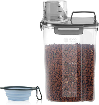LEAWALK Airtight Small Cat Dog Pet Food Storage Containers BPA Free, with Large Pour Spout/1 Measuring Cup/ 4 Safety Locks and Double-layer Silicone Strip (Olive Gray x 2, 3L-2pack)